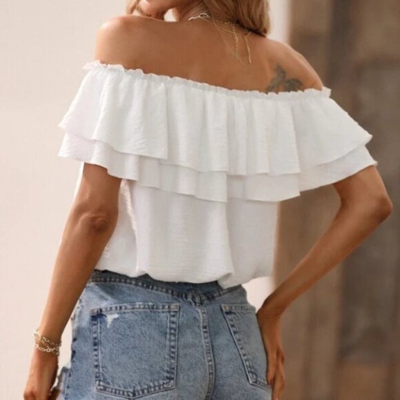 swiss dot boho off shoulder relaxed fit ruffle and tie detail blouse white - Picture 7 of 8